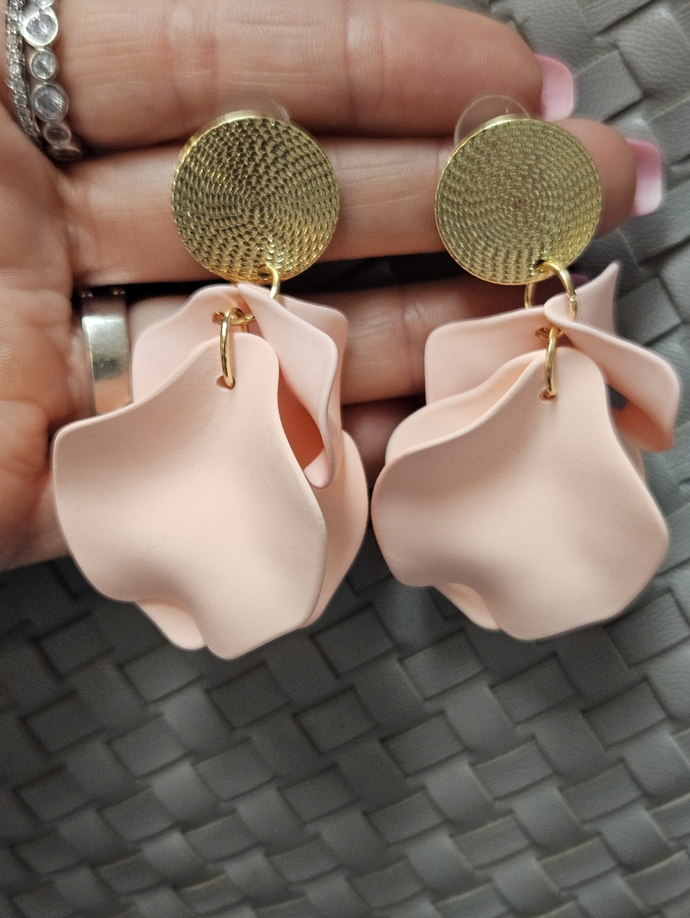 Blush Pink Petal Gold Disc Drop Earrings